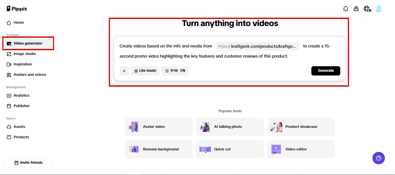 Generating video in Pippit