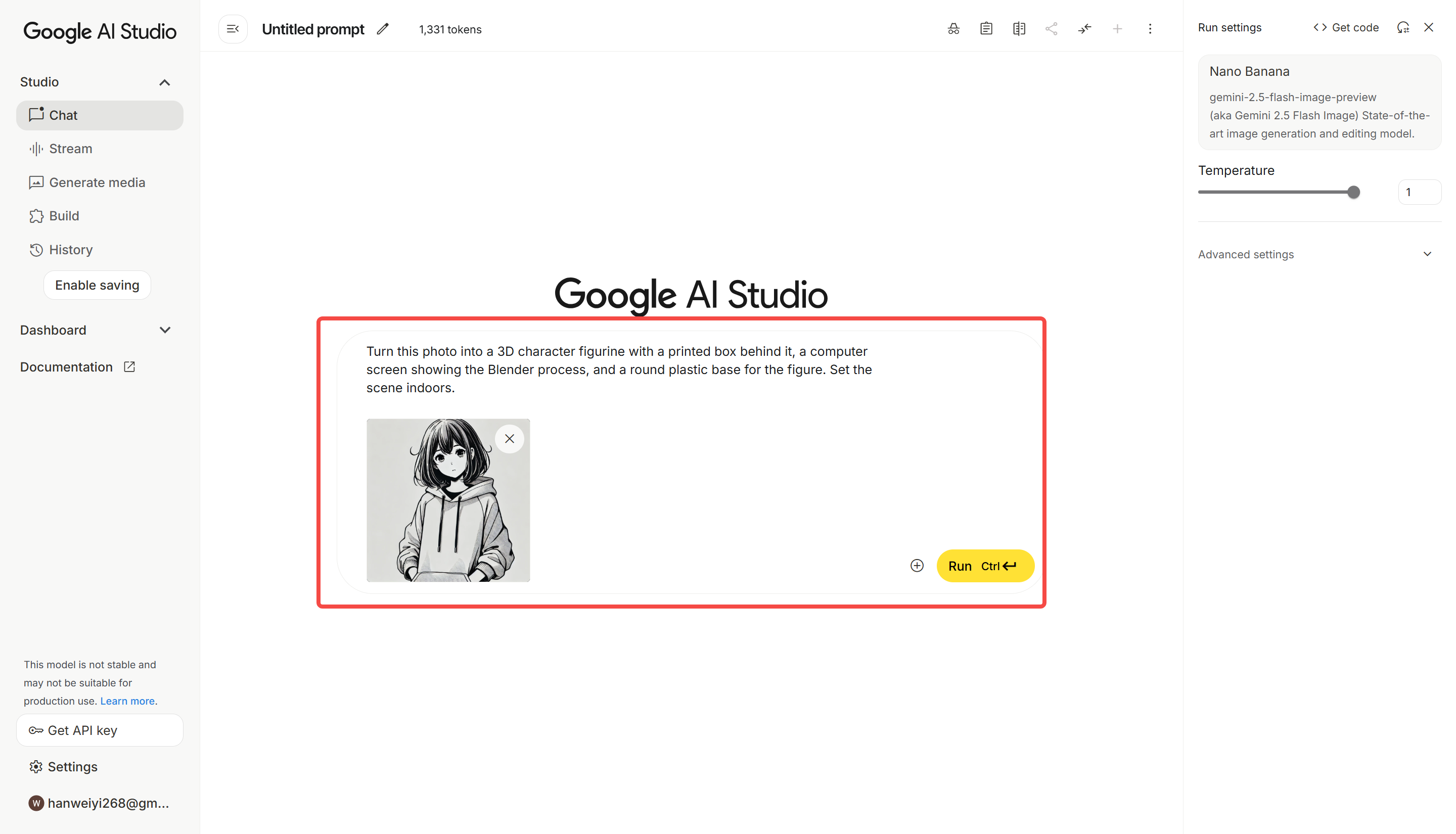 Enter your prompt in the Gemini 2.5 Image Preview model