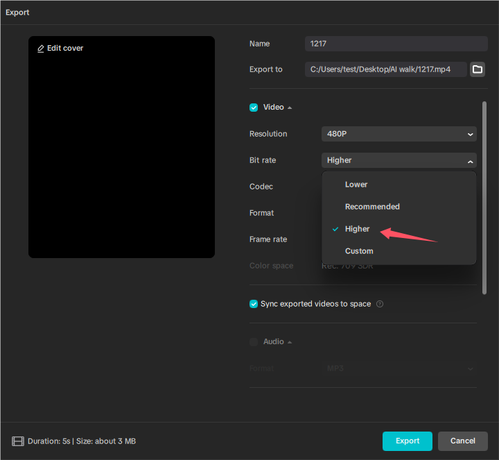 Increase video quality in export settings