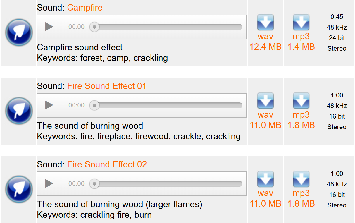 Interface of SoundJay - the best place to find fire crackling sound effects