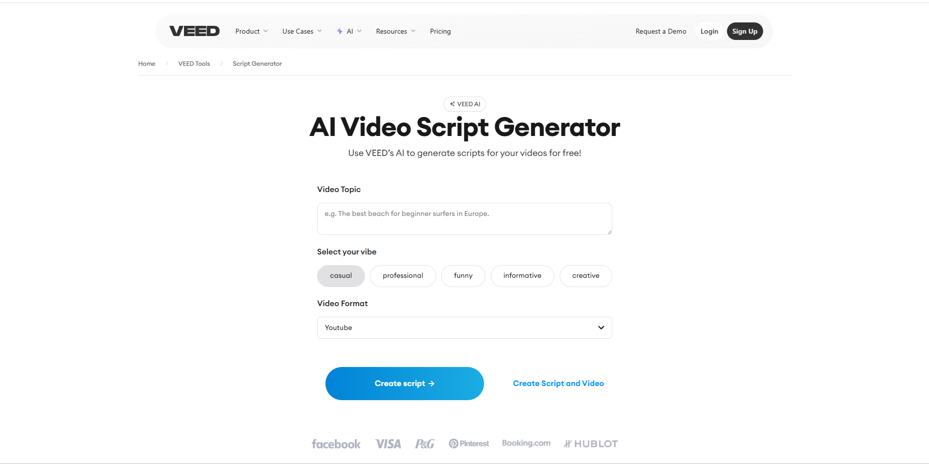 Interface of VEED.IO - a valuable video script generator