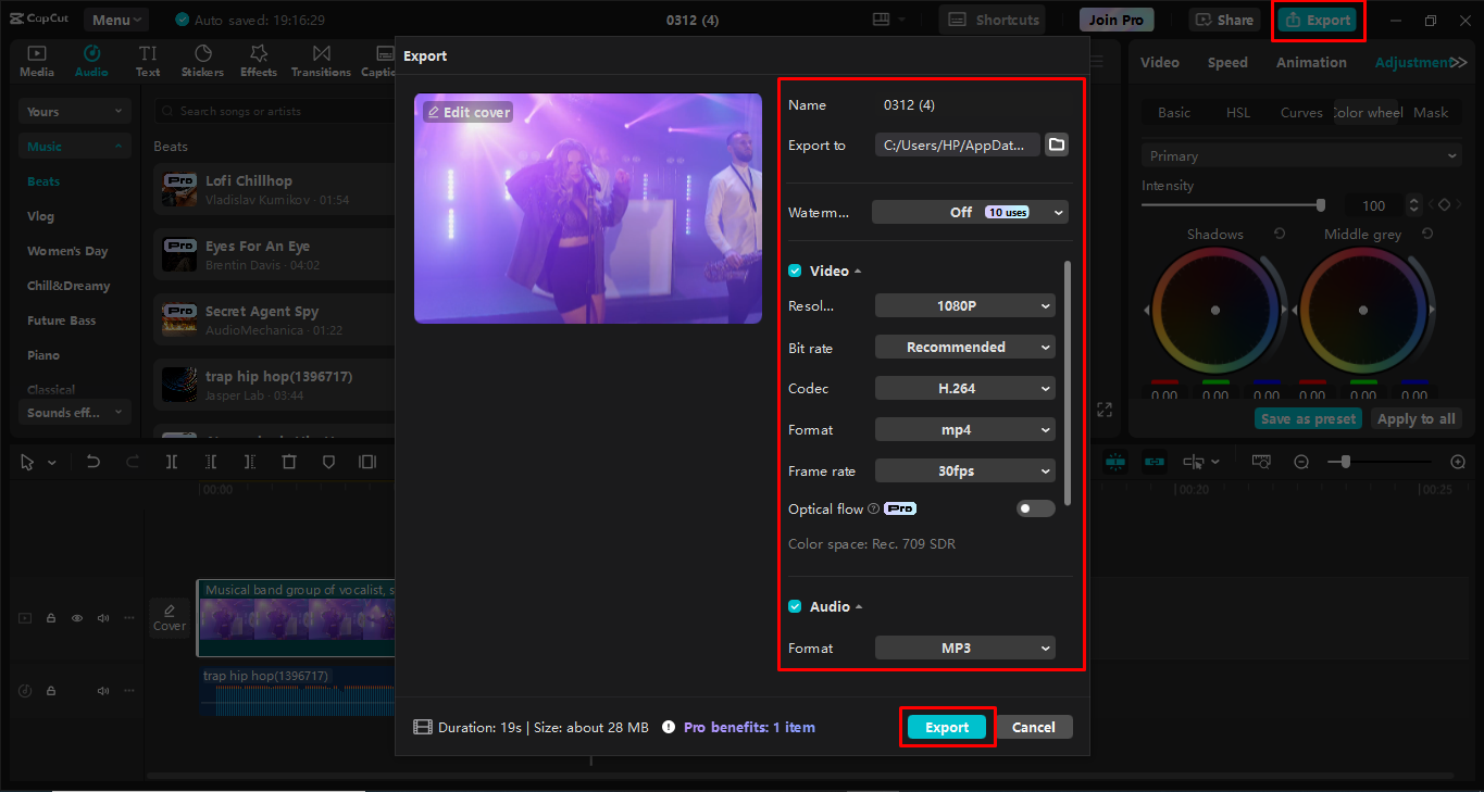 Esportazione del progetto video dall' CapCut editor video desktop