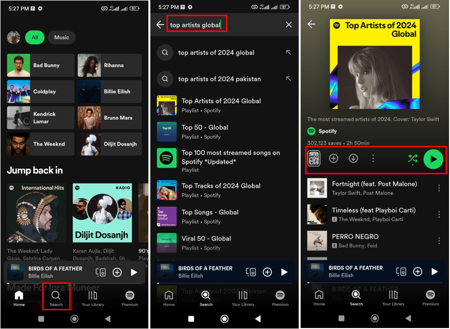 Zdjęcie pokazujące, jak uzyskać dostęp do 200 najlepszych artystów w Spotify na telefon komórkowy