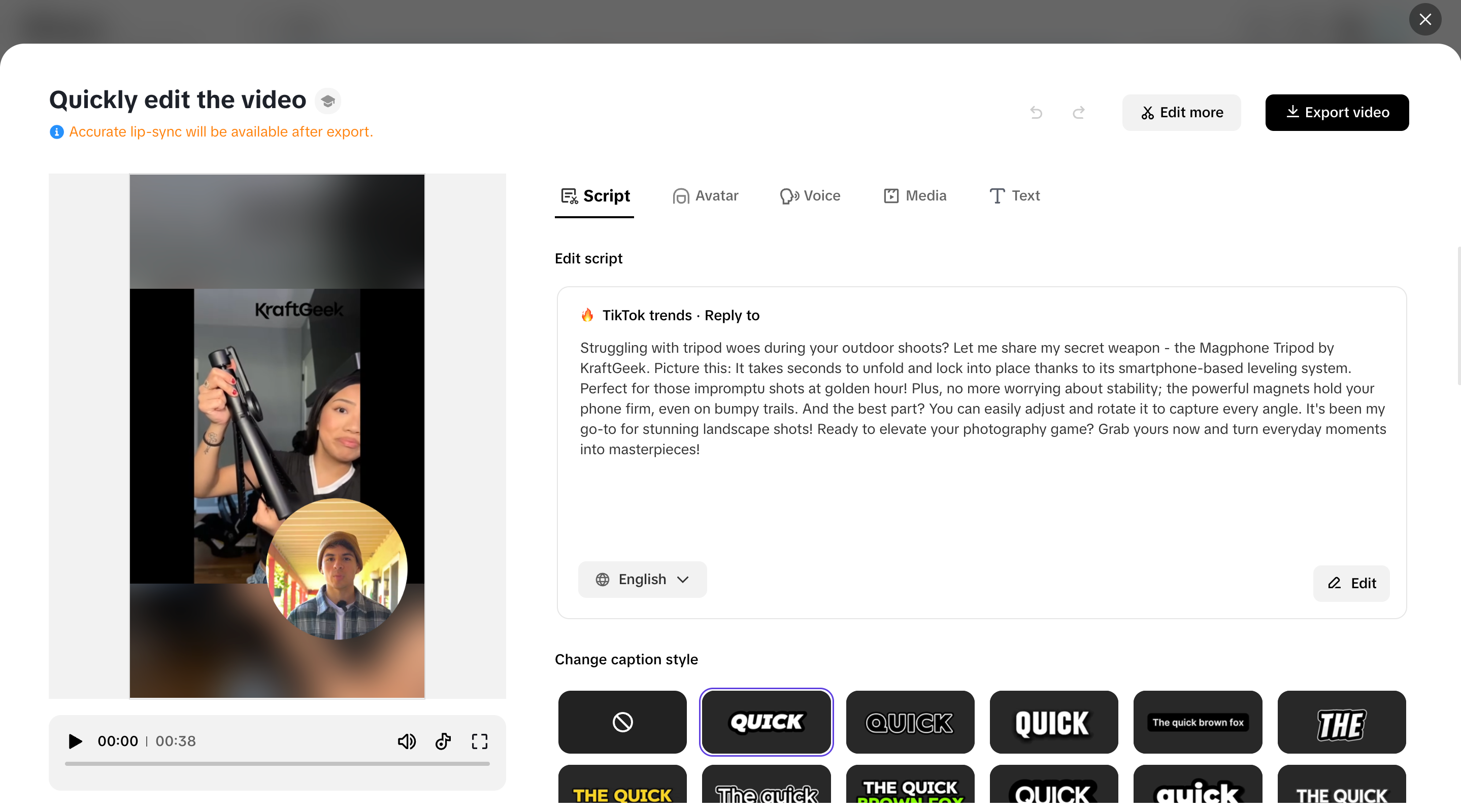 Quick editing options