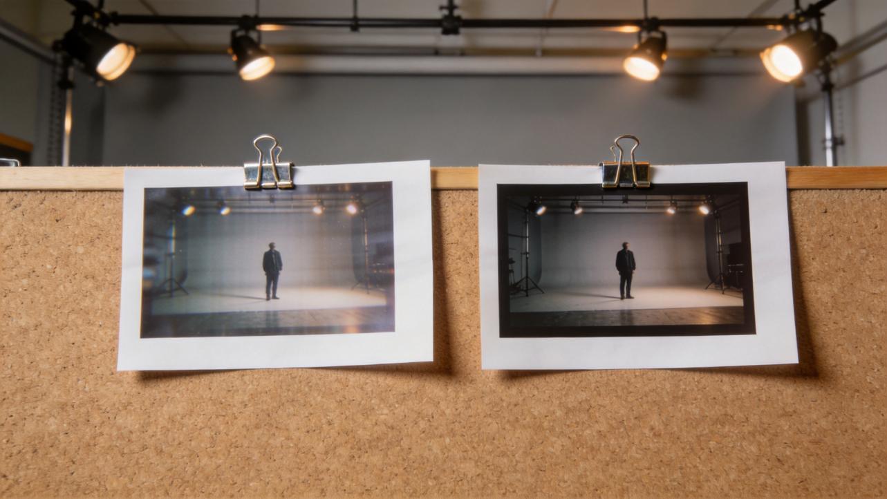 Two printed studio photos clipped to a cork board under overhead lights