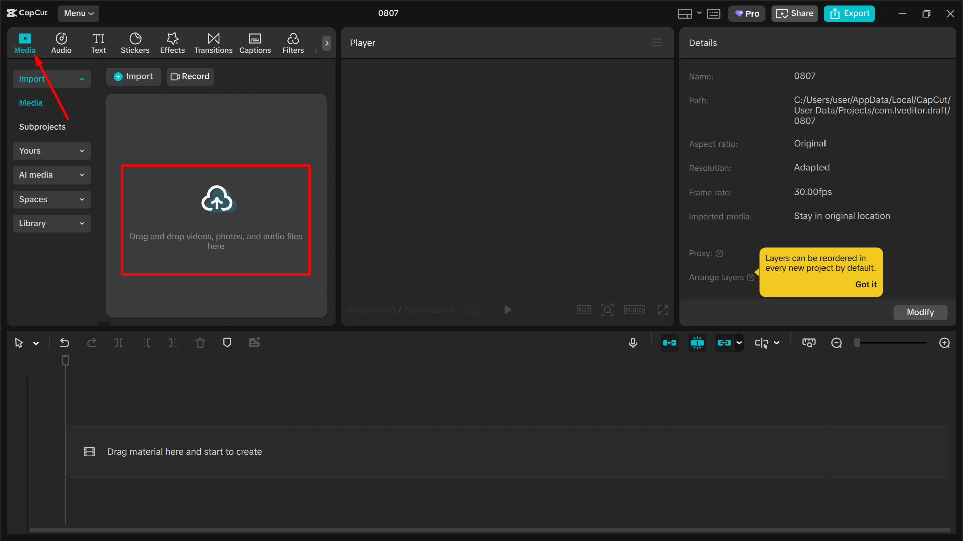 Uploading an image to the CapCut desktop video editor