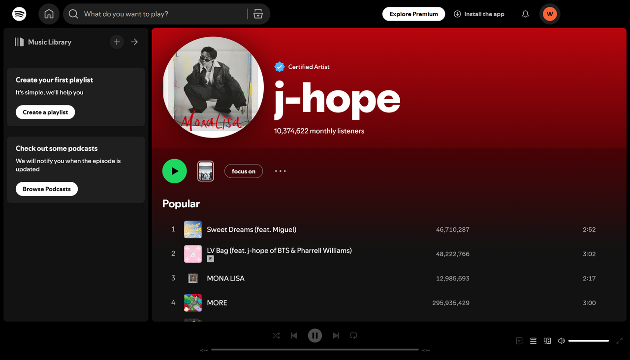 J-Hope - El artista de K-pop más transmitido en Spotify, trayendo música de alta energía