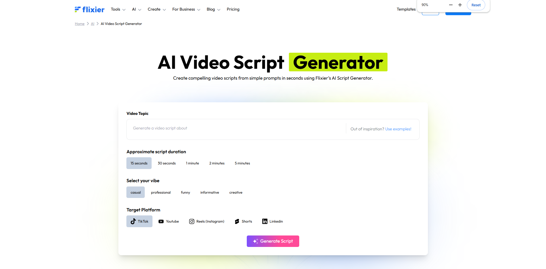 Interface of Flixier - another online video script generator