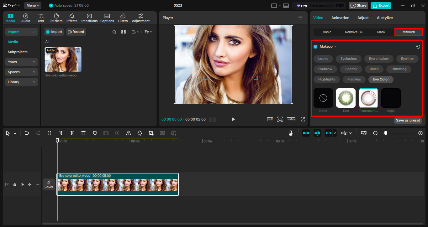 Ändern der Augenfarbe im CapCut Desktop-Video-Editor