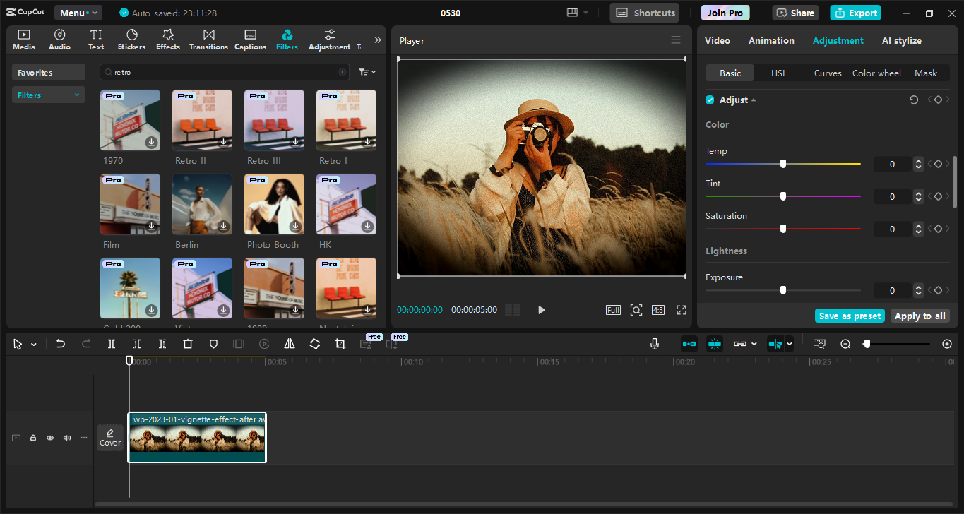 Editing interface of CapCut desktop video editor - an effective retro filter app to enhance photos and videos