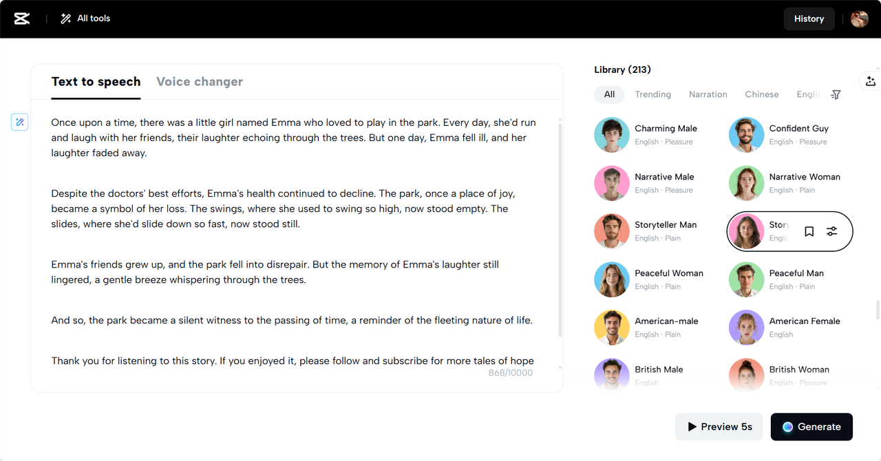 CapCut Web del generador de texto a voz