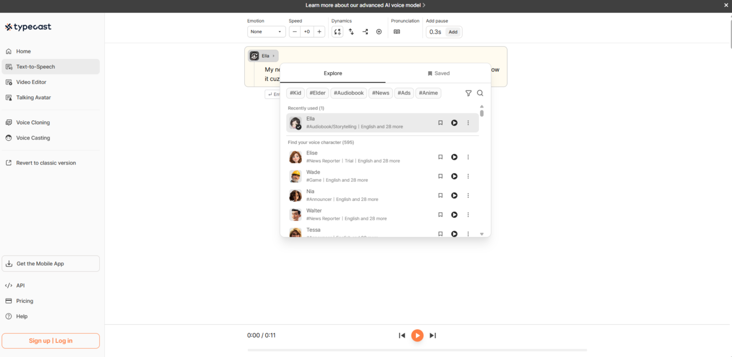Interfaccia di Typecast - un altro convertitore gratuito di testo in voce per bambini
