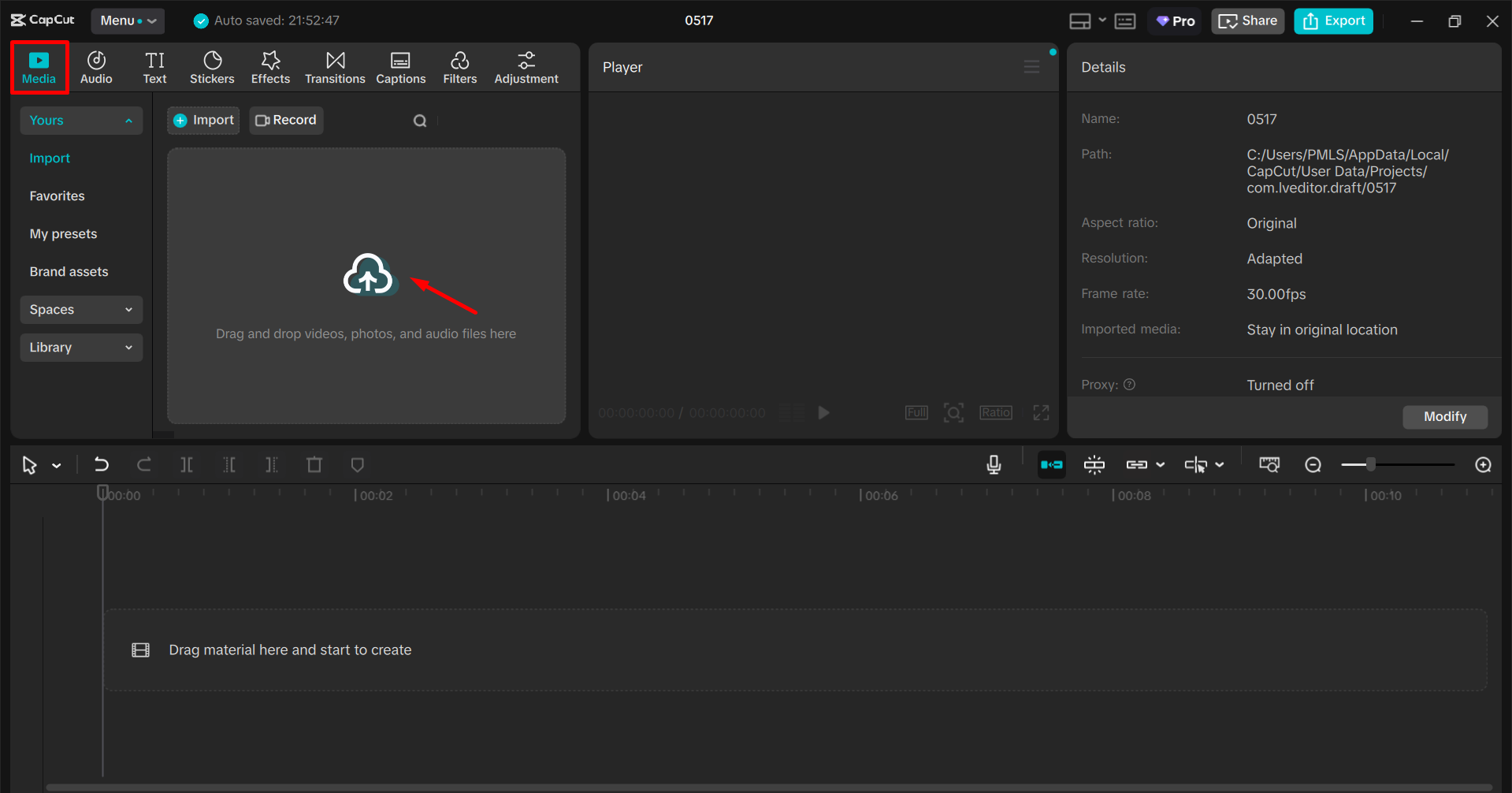 Importar a imagem no editor de vídeo para desktop CpaCut