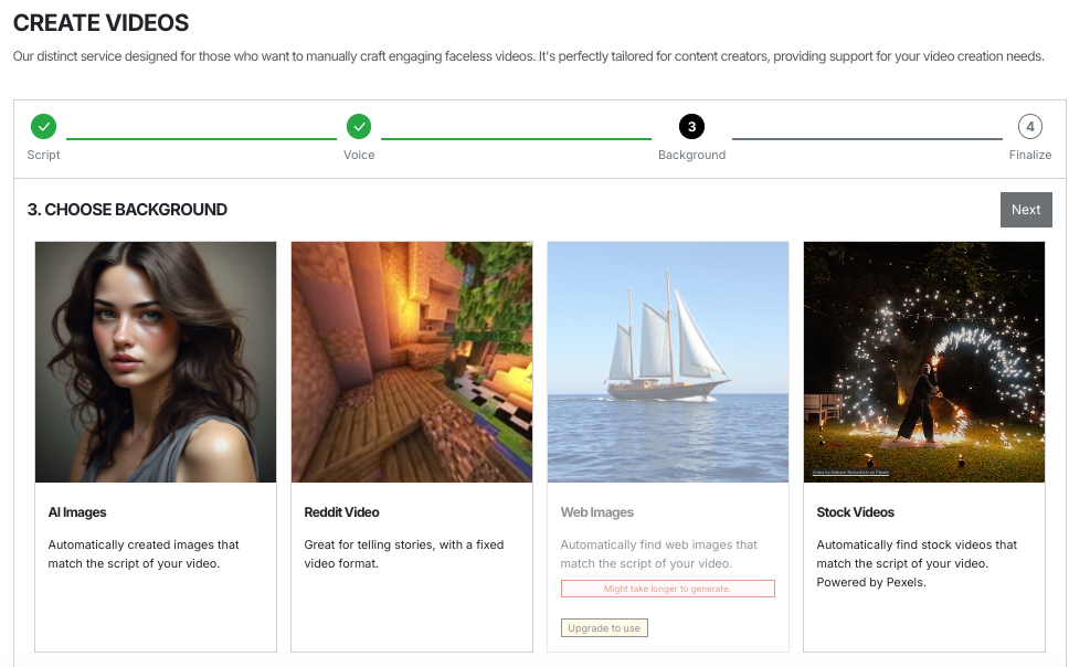 Interface de Nullface.AI - un créateur vidéo IA sans visage facile à utiliser