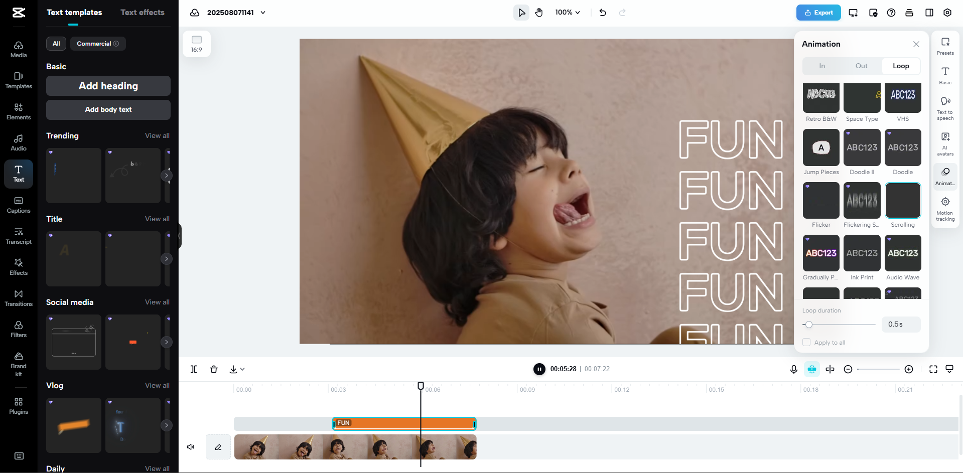 Interface do CapCut Web - um criador eficiente de texto rolante