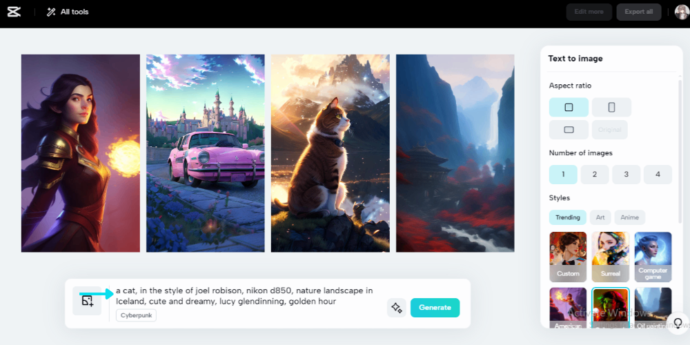 Интерфейс CapCut Image Generator с подсказками, соотношением и элементами управления стилем