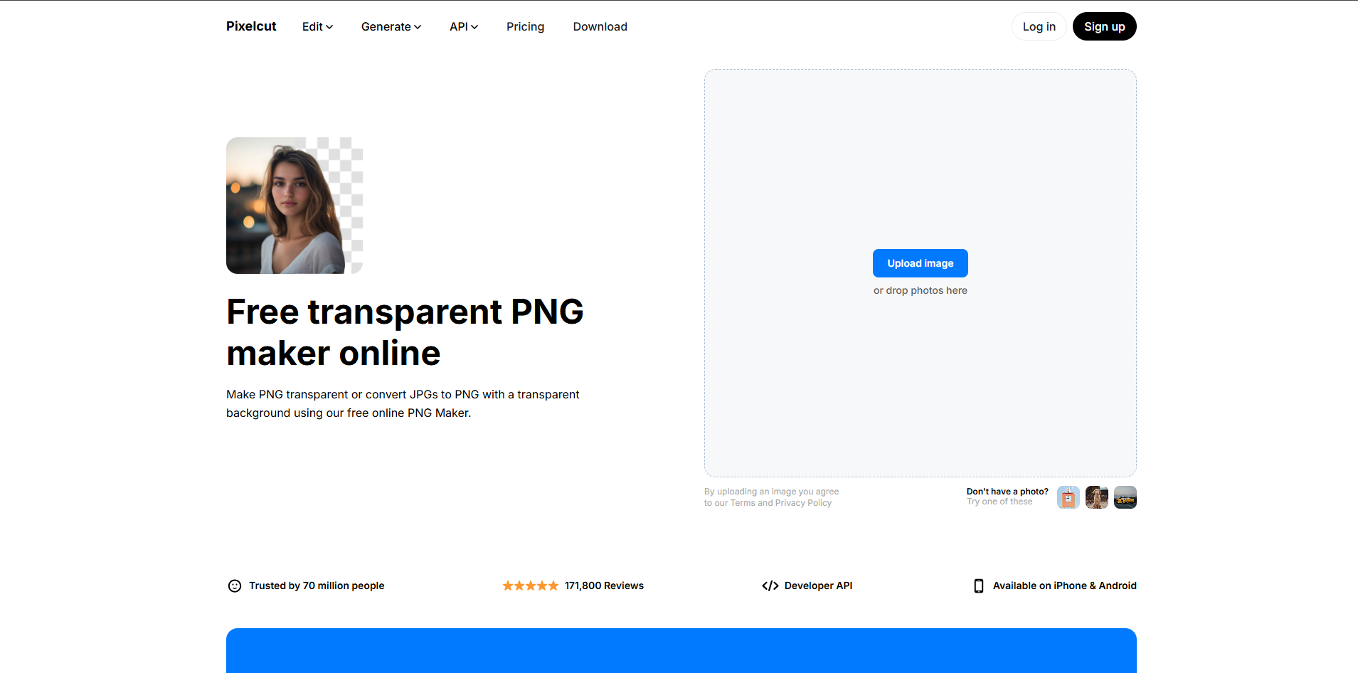 Interfaz de Pixelcut: un versátil convertidor en línea de JPEG a PNG