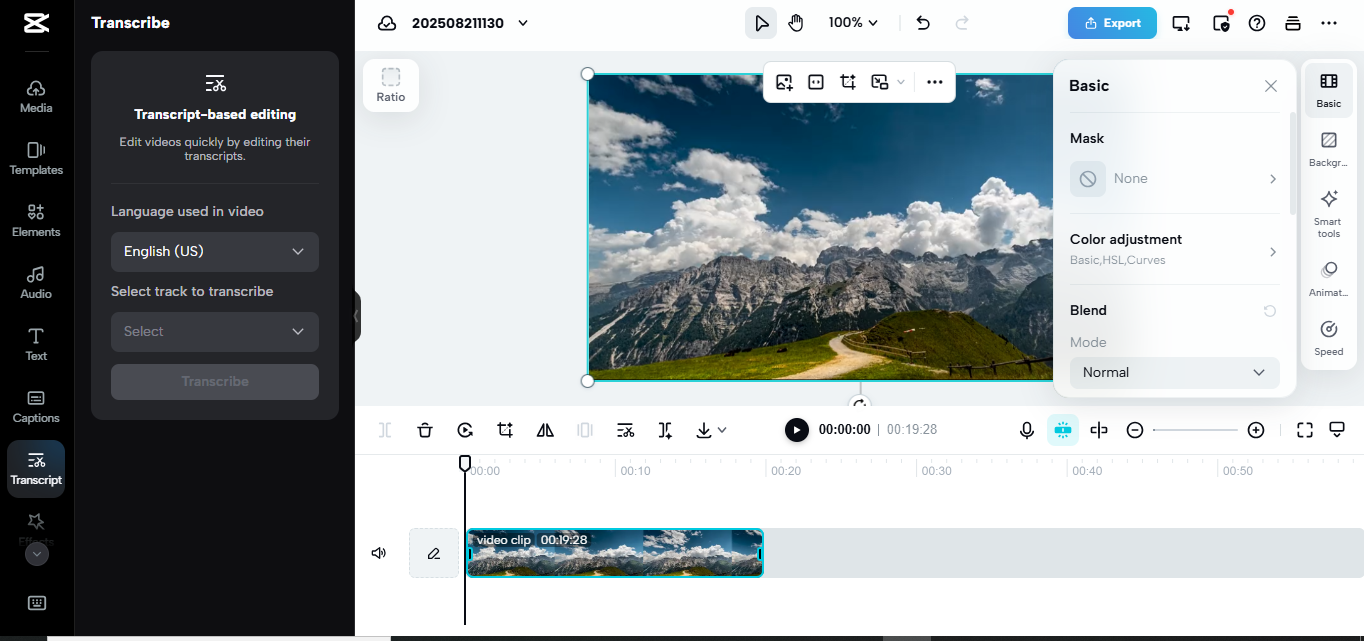 Interfaz de CapCut Web como alternativa a Turboscribe AI