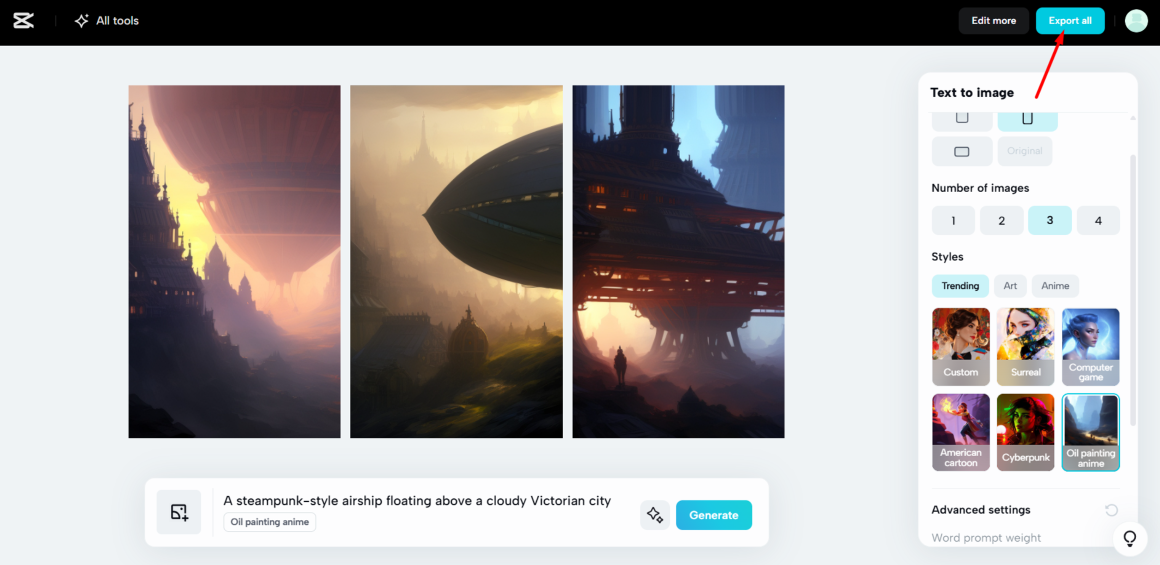 Exporting the final image form CapCut Web