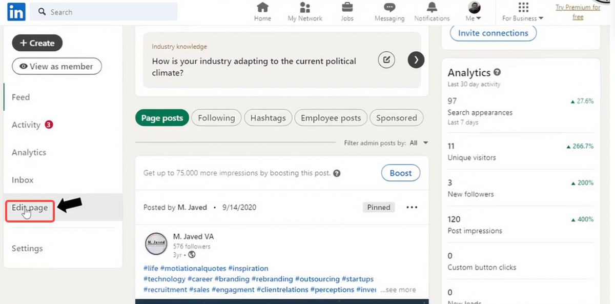 Acceso a la página de edición de LinkedIn