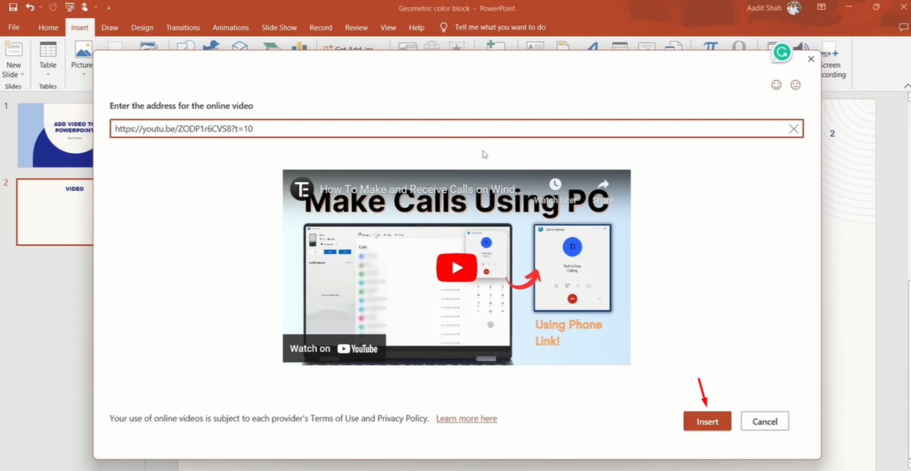 Pag-paste ng link para magdagdag ng video sa YouTube sa PowerPoint