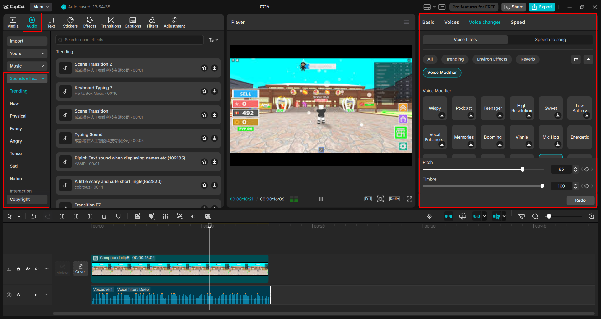 Changing voice in a recorded Roblox gameplay with the CapCut desktop video editor