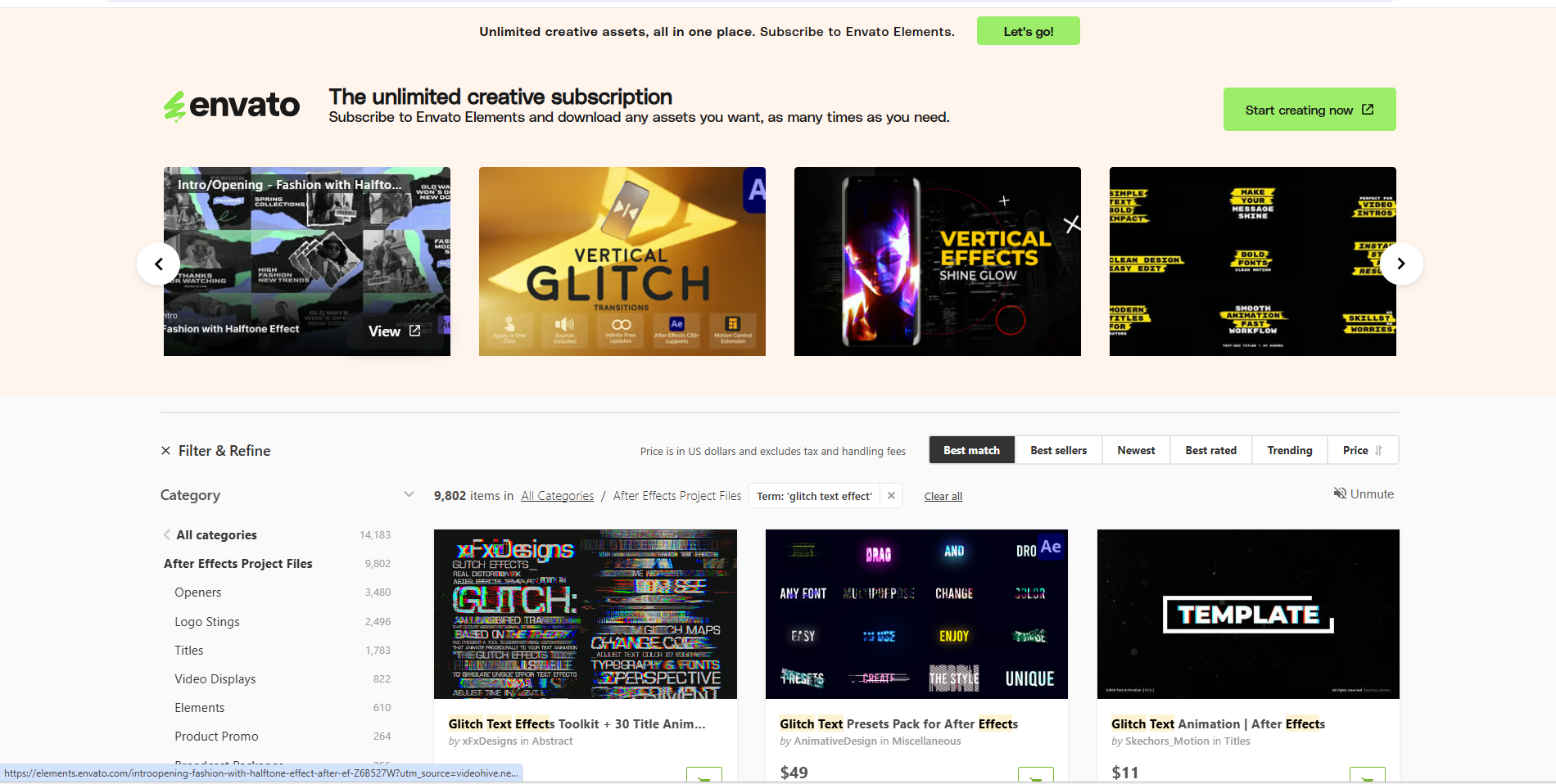 Interface of Videohive - the perfect resource for free After Effects text glitch effects