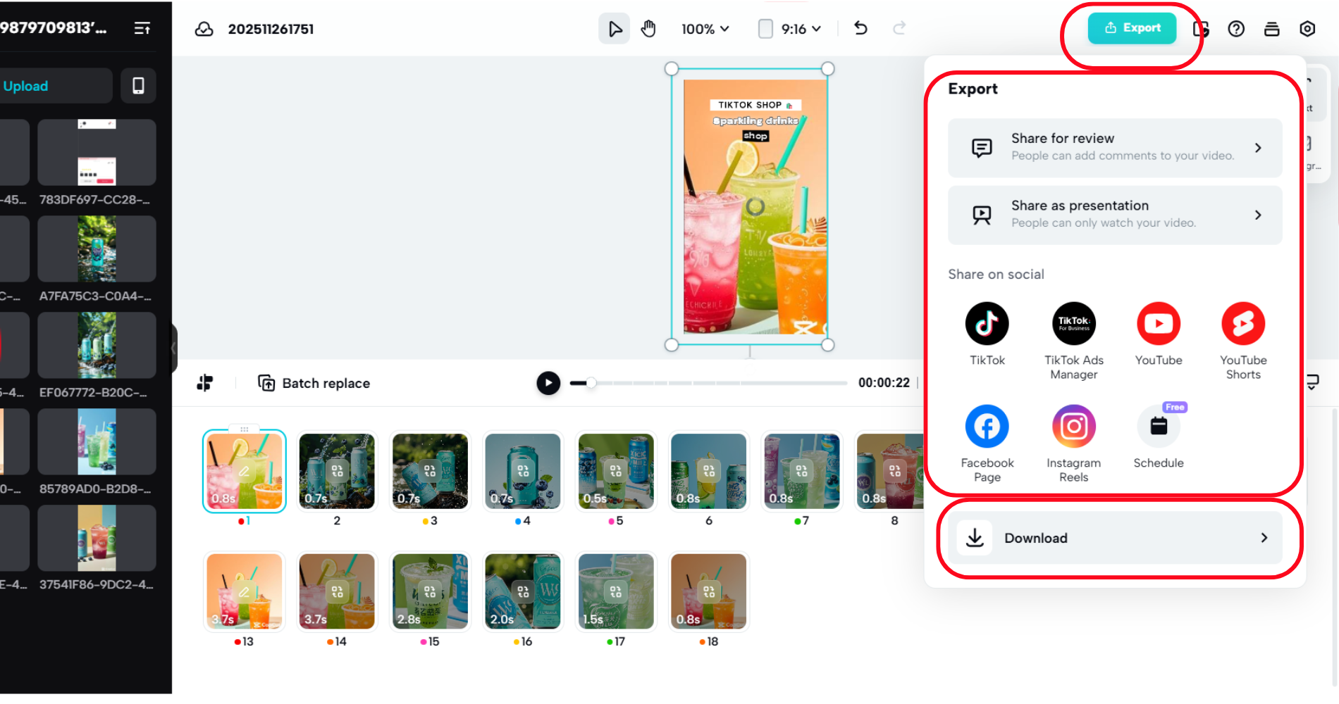 CapCut template with multiple videos, showing export options and social media sharing features.