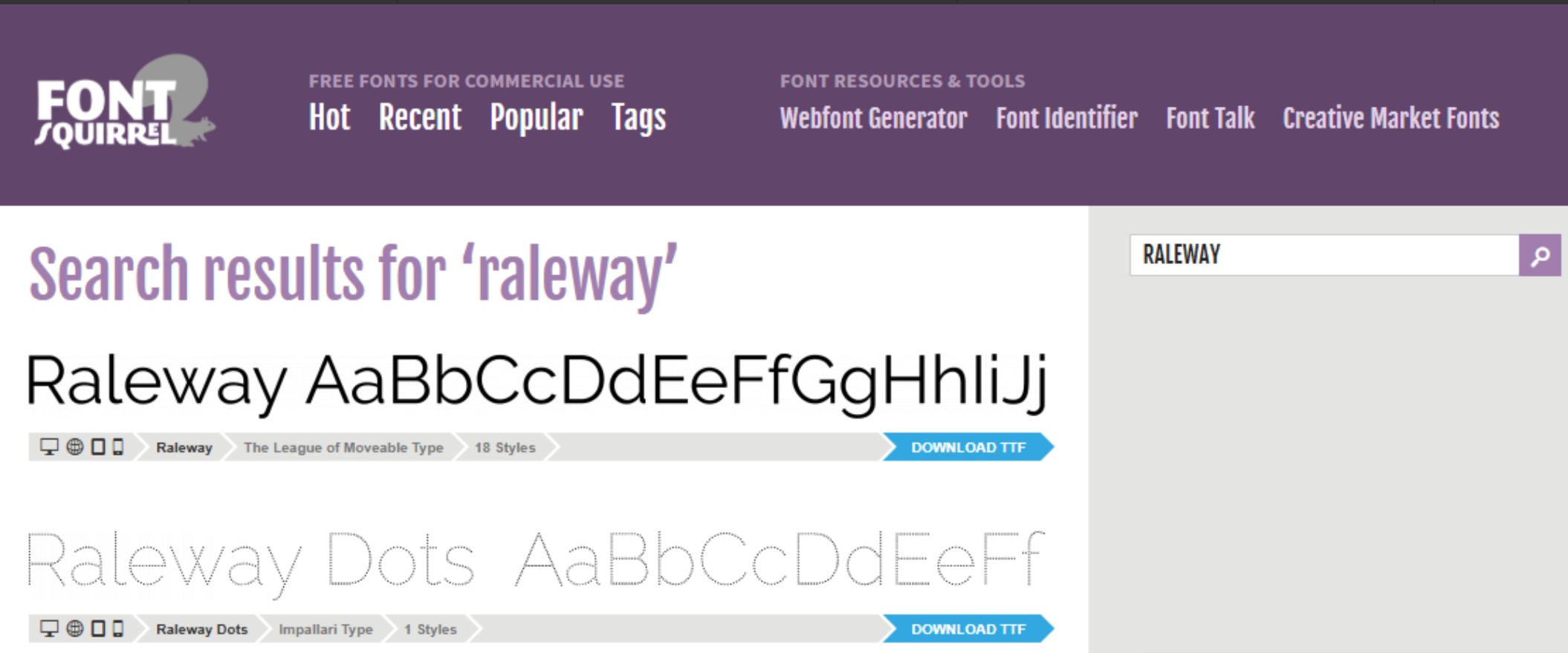 Giao diện của Font Squirrel - một nền tảng nổi tiếng để có được phông chữ Raleway miễn phí