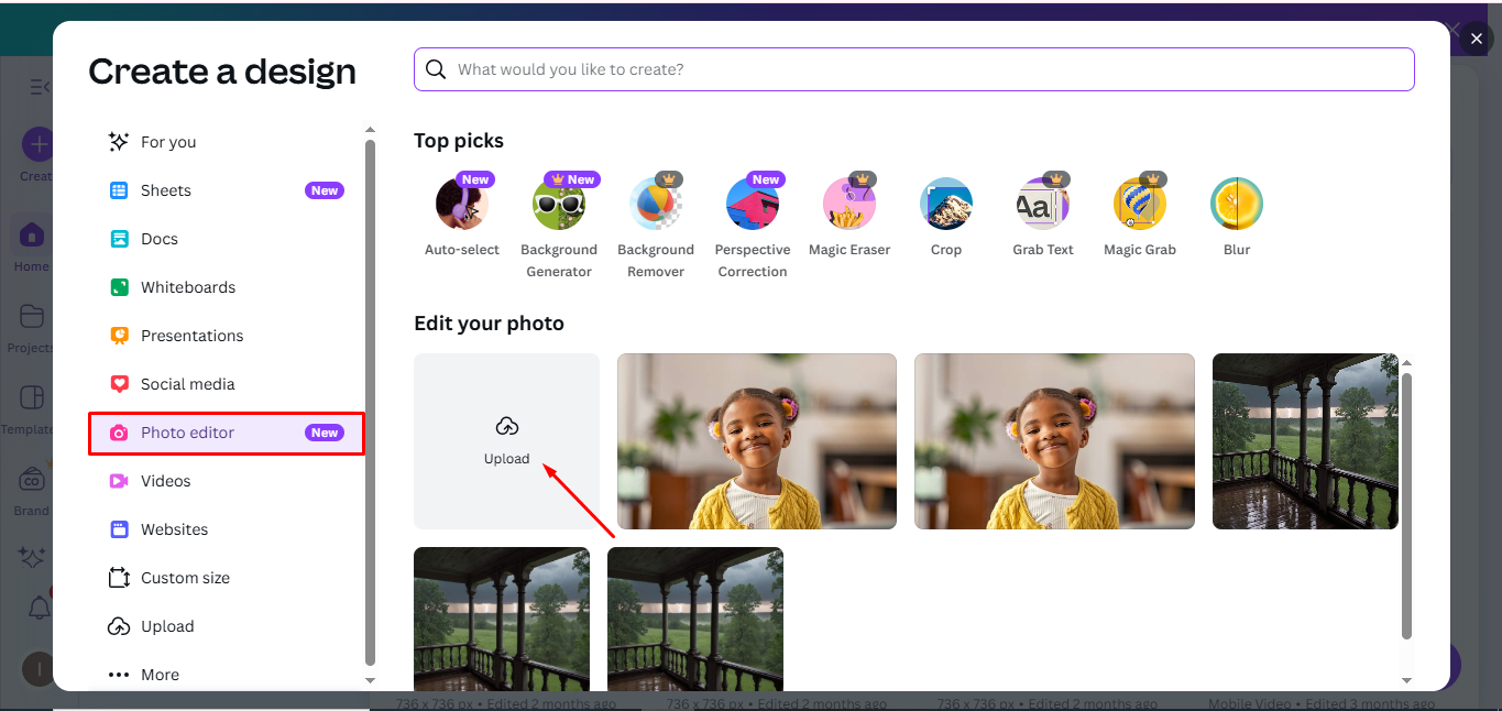 Subiendo una imagen en el editor de fotos Canva