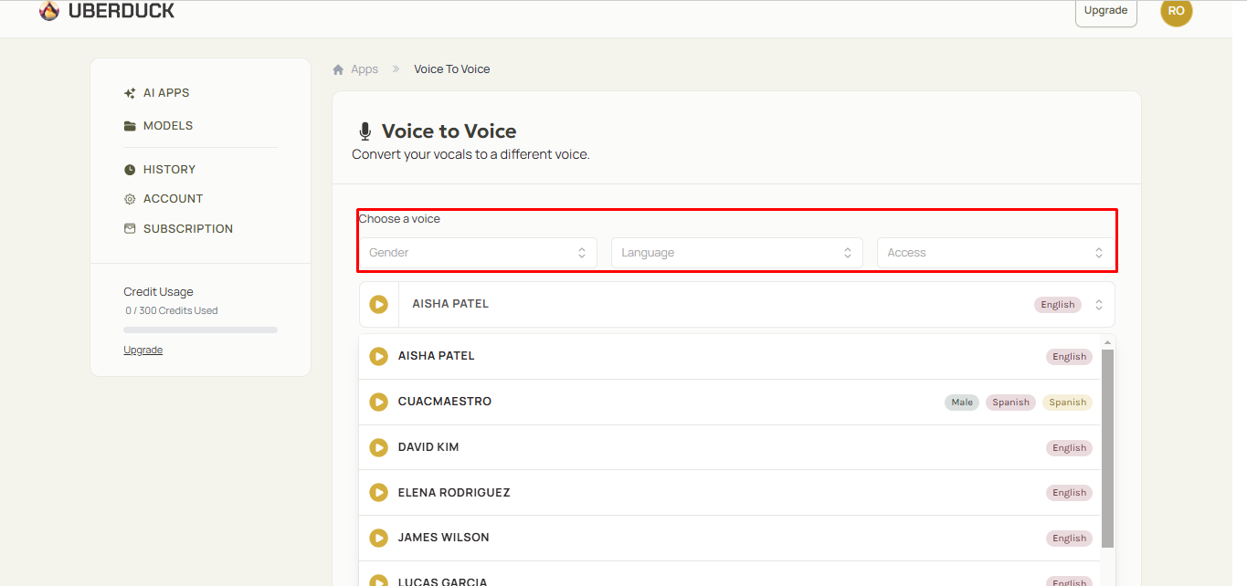 Selectarea artistului vocal în Uberduck pentru vocea rapperului AI