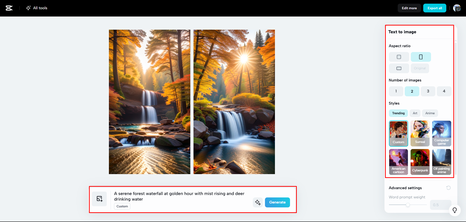 إنشاء صورة باستخدام الذكاء الاصطناعي في CapCut Web