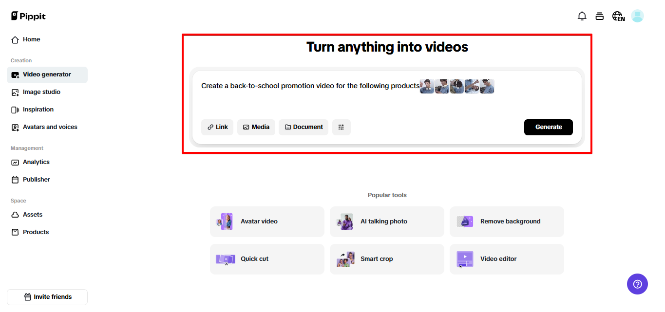 Entering prompt in Pippit video generator