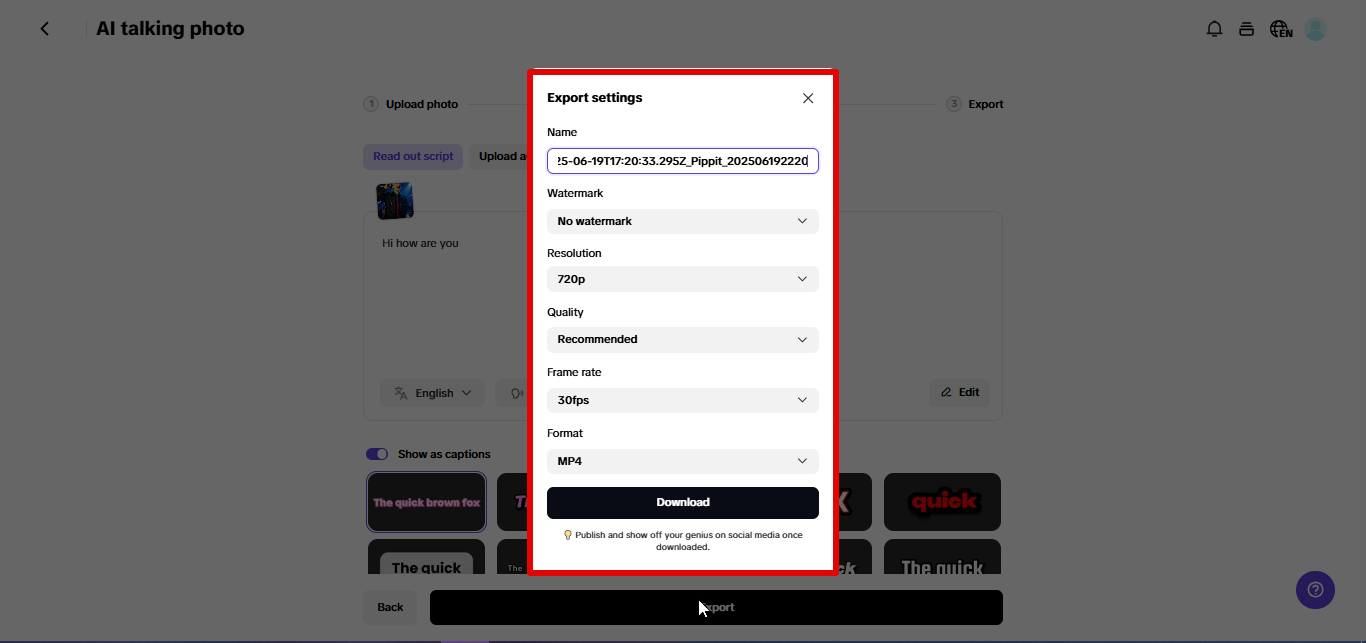 Exporting the speaking picture from Pippit
