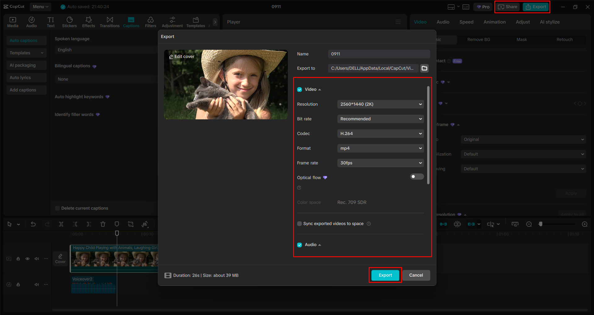 Exporting a video from the CapCut desktop video editor