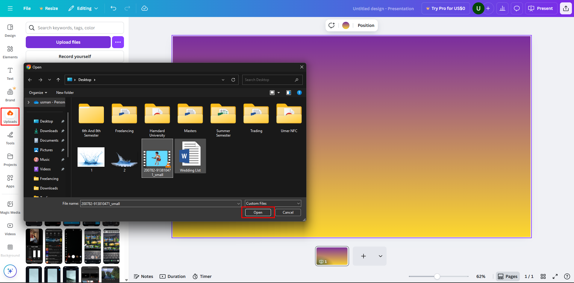Uploading a video to Canva