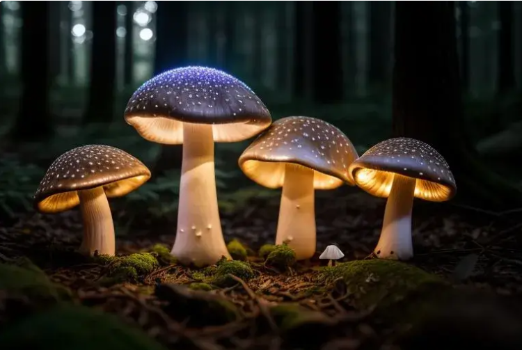 Ciuperci colorate dintr-un decor de pădure fantastică