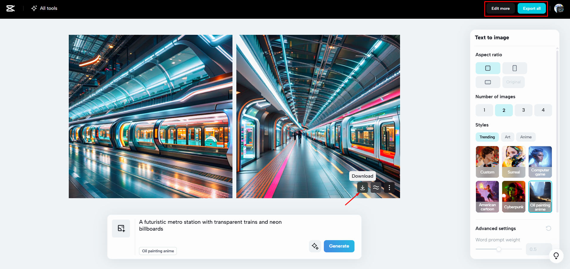 Exporting all the images from CapCut Web