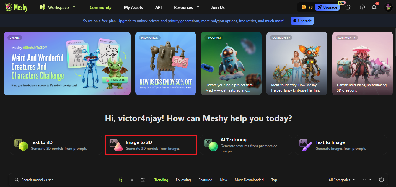 Meshy KI „Bild zu 3D“