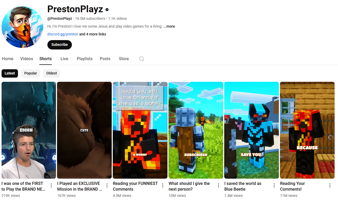 Hızlı oynanışa sahip PrestonPlayz YouTube Minecraft Shorts kanalı