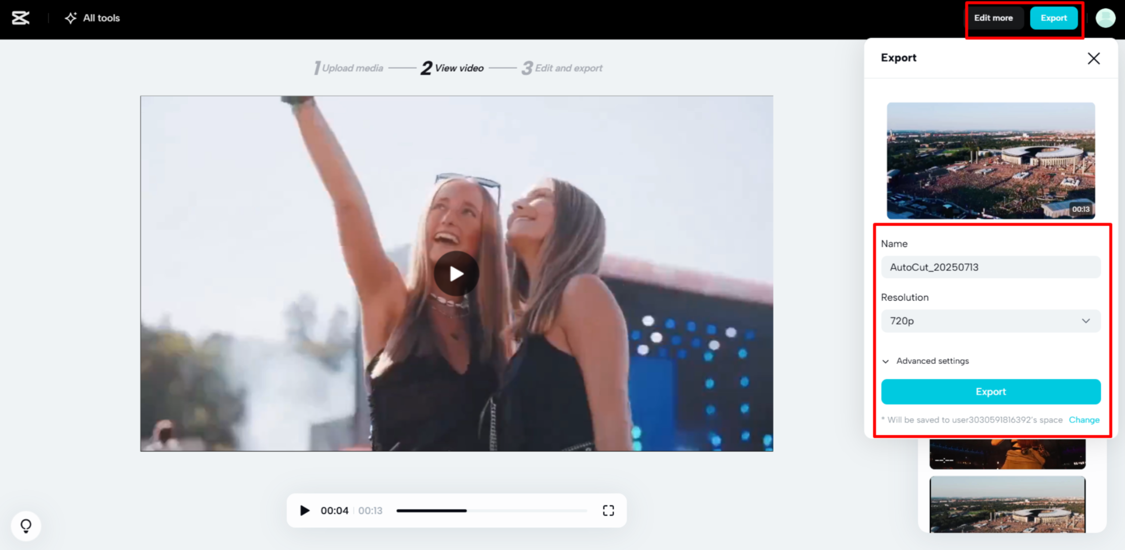 Mengeksport video akhir daripada CapCut Web