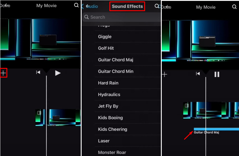 Immagine che mostra come aggiungere effetti sonori a iMovie su iPhone