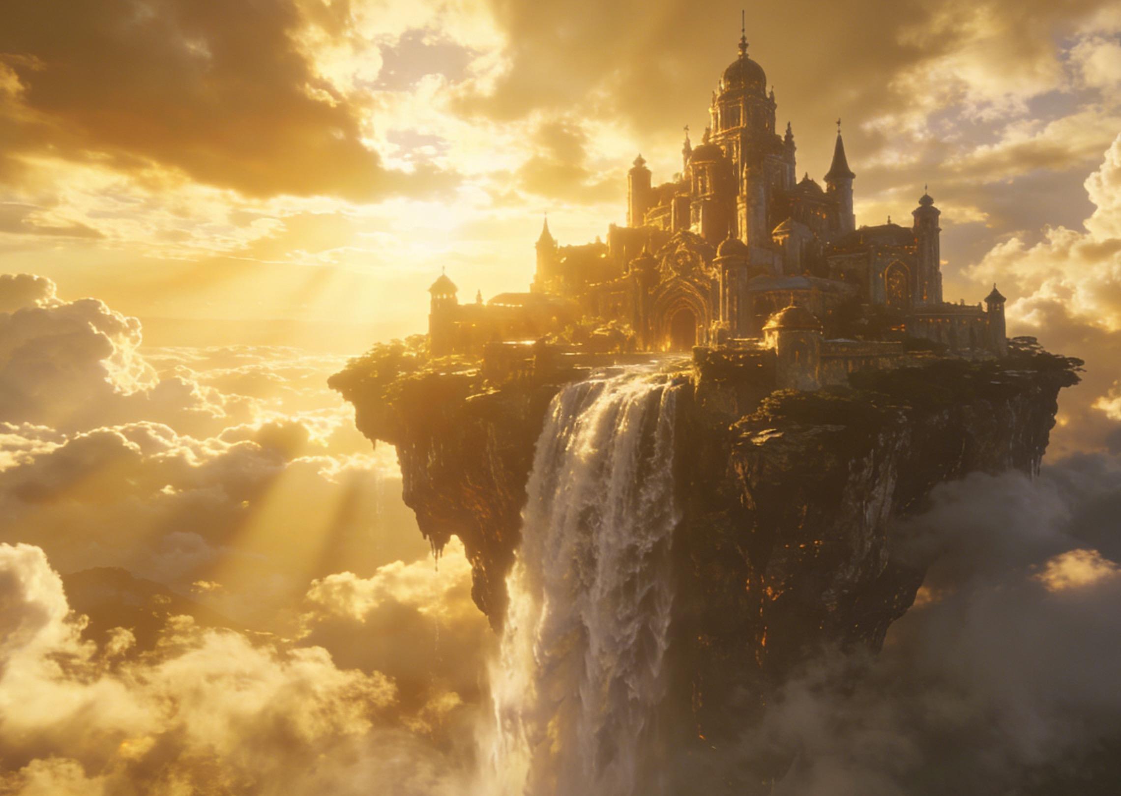 A grand fantasy castle floating above clouds