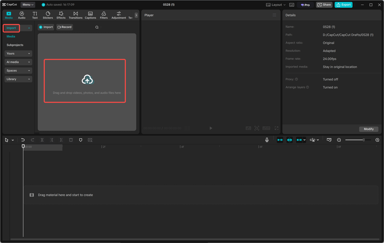 Caricare una foto nell' CapCut editor video desktop