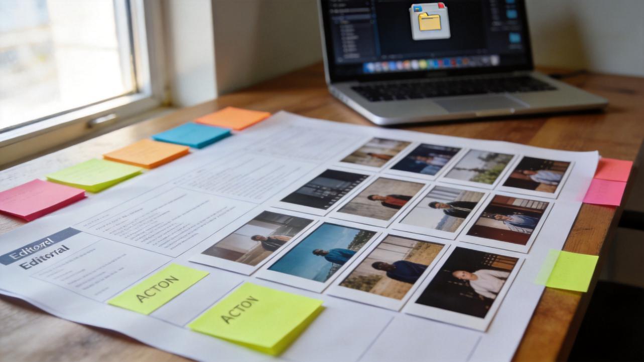 Video editing storyboard with printed clips, sticky notes, and a laptop on a desk