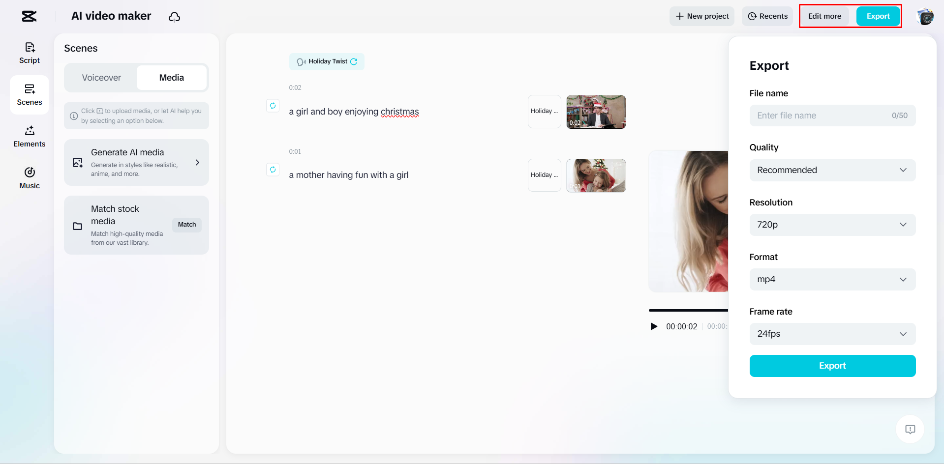 Exportando un video del creador de CapCut videos de IA