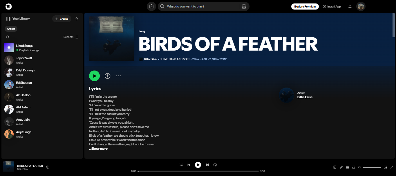 Birds of a Feather - popularna piosenka 200 najlepszych artystów na Spotify