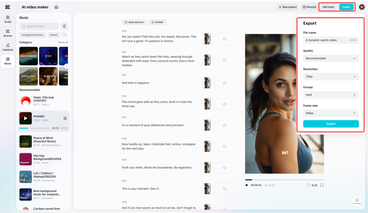 從 CapCut 的 AI 視頻製作工具中導出最終視頻
