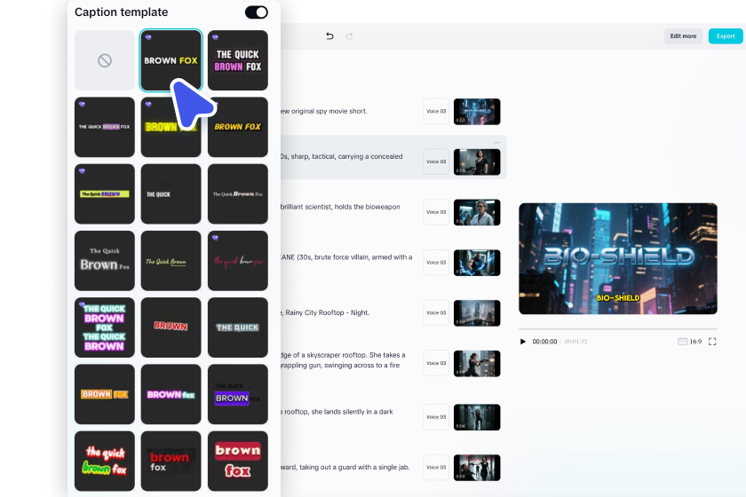 Enhance scenes with captions, music, and cinematic effects