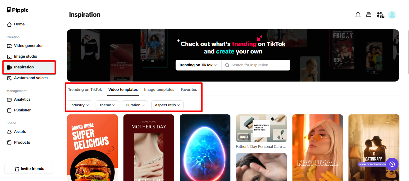 Preset templates in Pippit
